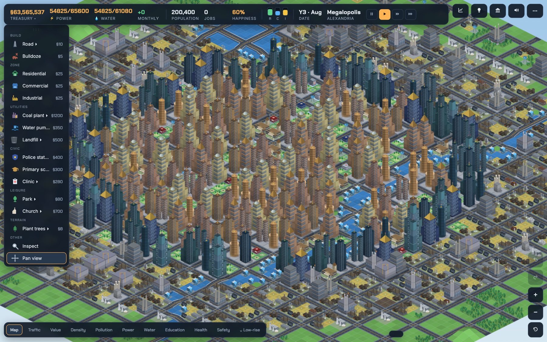 A dense POLIS megalopolis of 200,000 residents, skyscrapers stretching to the horizon