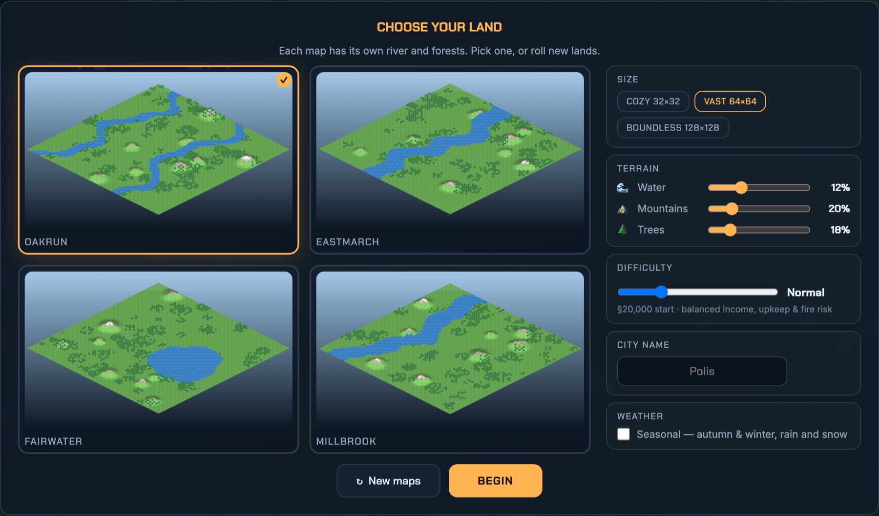 The POLIS map picker showing four different lands to choose from, with terrain sliders